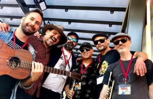 Kekoson band members and special guests pose for a pic after a gig at city square in melbourne.